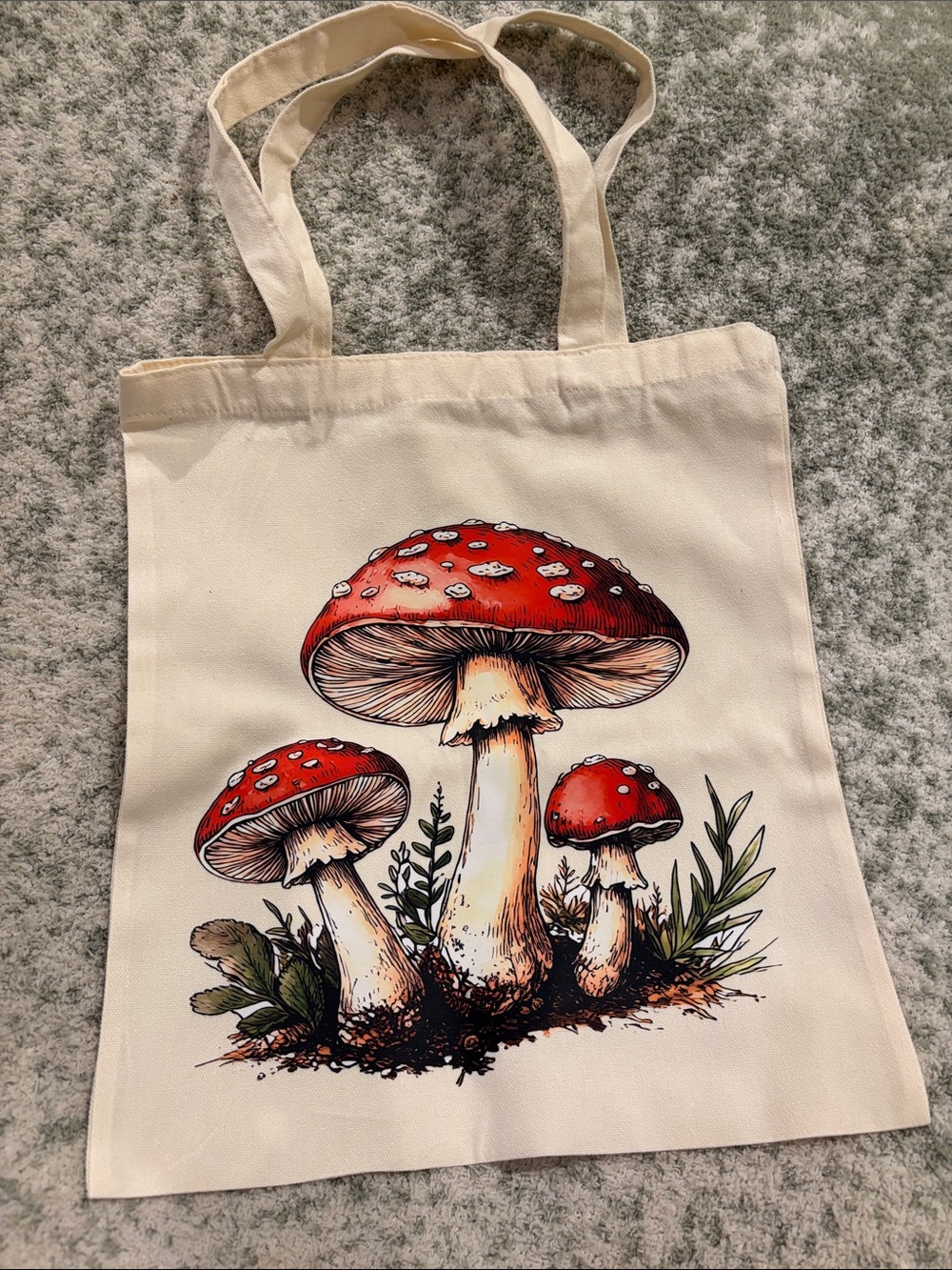 Wild Red Mushrooms Floral Cotton Canvas Tote Bag NWT one sided 13.50x15.25”